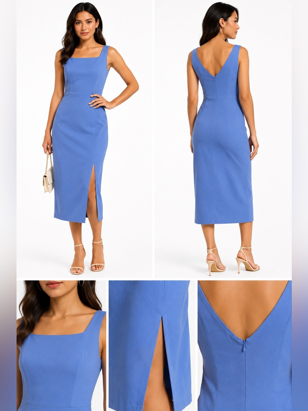 Express Stretch Sheath Dress Womens Blue Sleeveless Midi Slit Y2K  Size 11/12